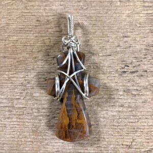 Cross Fossilized Plume Agate Necklace Pendant